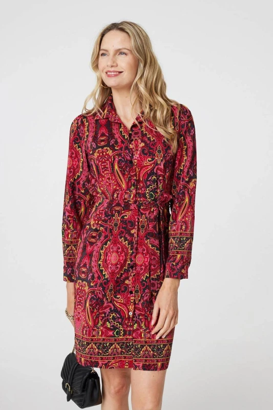 Image of Izabel London Womens Mosaic Print Long Sleeve Short Shirt Dress in Pink Size: 12 Pink Female 12