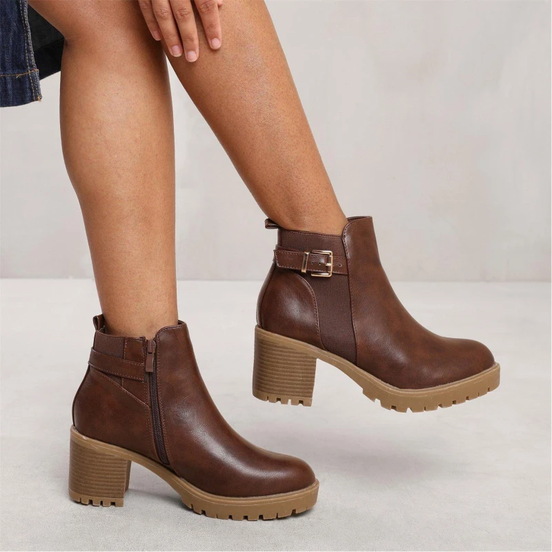 Image of Wheres That From Mid Block Heel With Buckle Detail Stretch Brown Pu female 7
