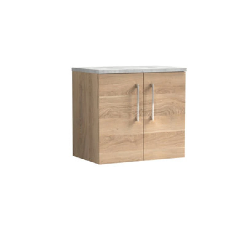 Image of Nuie Arno Wall Hung 2-Door Vanity & Bellato Grey Laminate Worktop, Stylish Counter Top Vanity Unit In Bleached Oak, 600mm