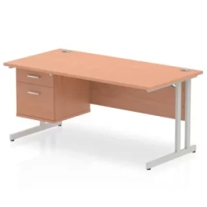 Image of Impulse 1600 Rectangle Silver Cant Leg Desk Beech 1 x 2 Drawer Fixed Ped