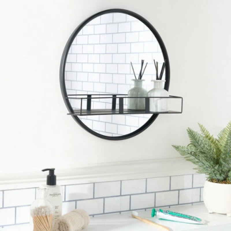 Image of OHS OHS Round Wall Mounted Bathroom Dressing Mirror with Shelf in Black One Size Unisex 5027434234530