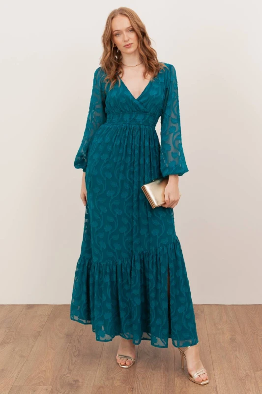 Image of Lovedrobe Womens Floral Burnout Asymmetric Split Hem Tie Back Maxi Dress in Teal Size: 16 Teal Female 16