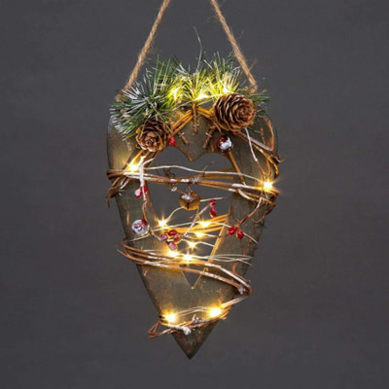 Image of Shatchi Green Wooden LED Heart Hanging Ornament Christmas Holiday Home decor with 15 Warm white Natural