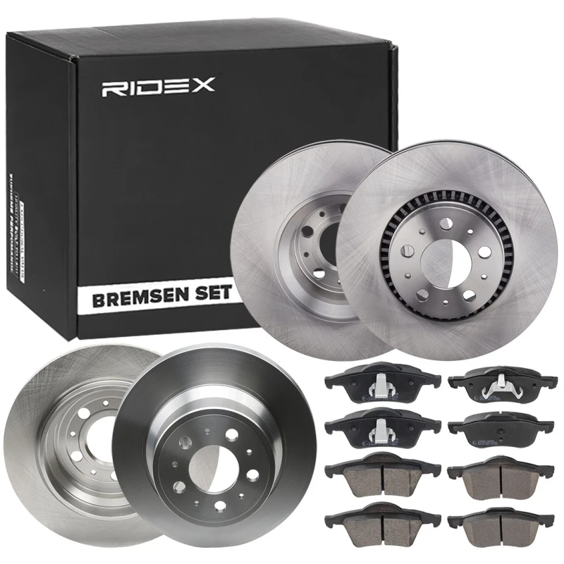 Image of RIDEX 3405B1681 Brake disc and pads set Rear Axle, Brake Disc Type: Solid, excl. wear warning contact, with piston clip Brake Set,disc brakes (3405)