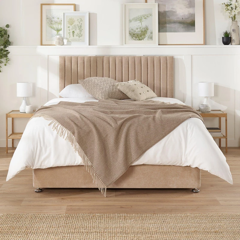 Image of Aspire Aspire Grant Divan, Linen Fabric, Strutted Headboard, No Drawers Light Sand