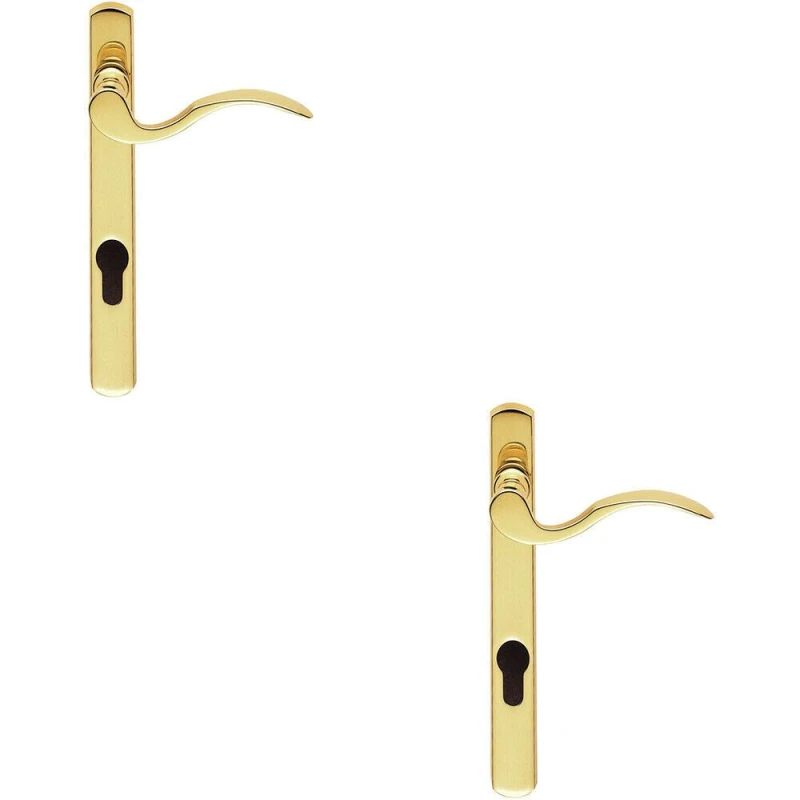 Image of Loops 2x Scroll Lever Door Handle on Lock Backplate Polished Brass 208mm X 25mm Metallics