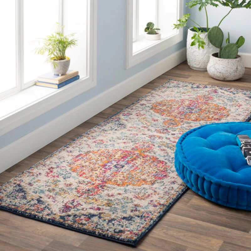 Image of Livabliss Vintage Oriental Boho Saffron/navy Lou Runner Rug 80 X 220 Cm - Easy Care, Non Shedding, Ideal For Hallway Or Beside The Bed