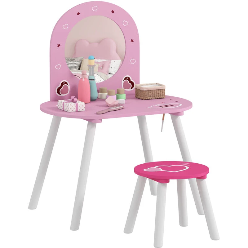 Image of AIYAPLAY Kids Dressing Table with Mirror & Stool, Kids Vanity Set, Pink Pink Unisex
