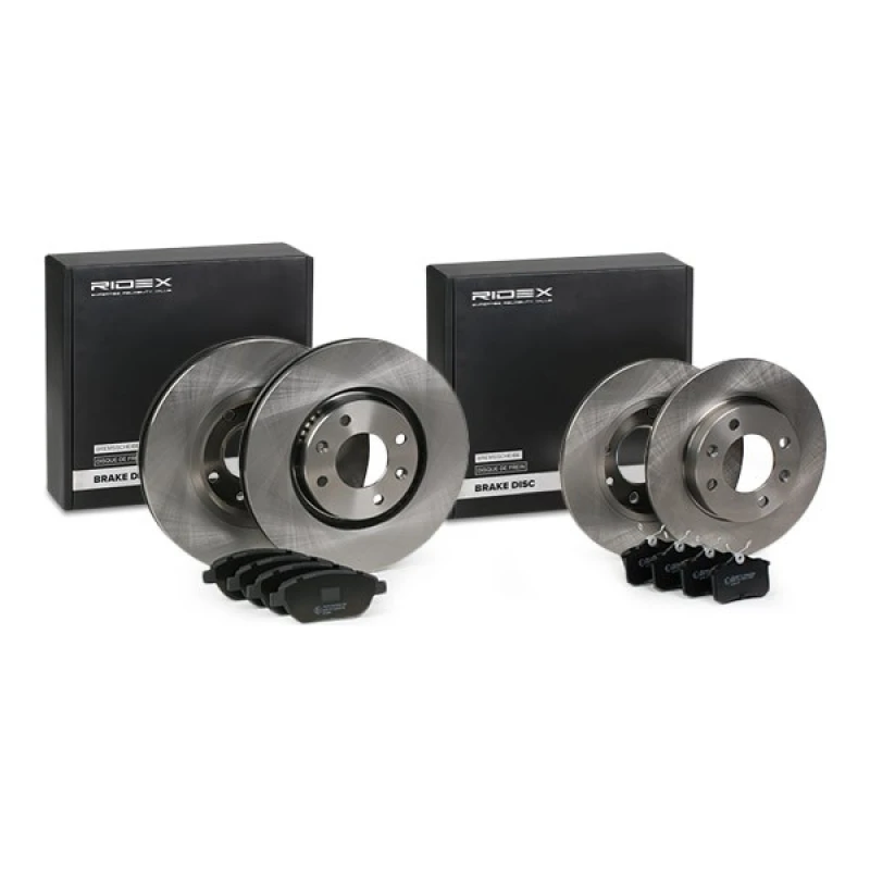 Image of RIDEX 3405B1685 Brake disc and pads set Rear Axle, Brake Disc Type: Solid, not prepared for wear warning indicator, with anti-squeak plate Brake Set,