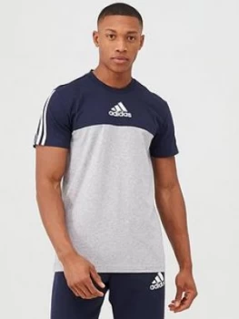 Image of Adidas 3 Stripe Panel T-Shirt - Grey/Navy