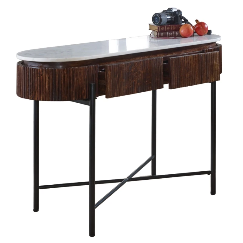 Image of Indian Hub Opal Mango Wood Console Table With Marble Top And Metal Legs