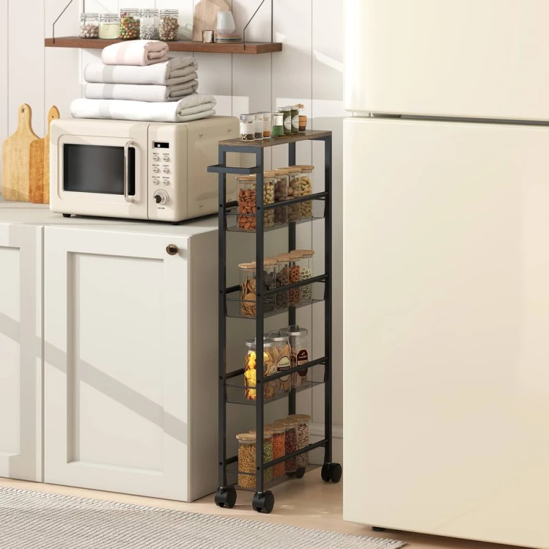 Image of HOMCOM Rolling Kitchen Trolley, Slim Storage Cart with Metal Frame, Handle in Black Unisex
