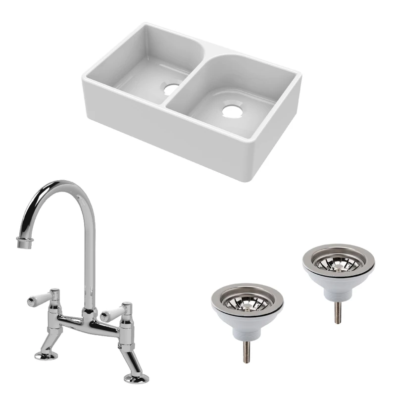 Image of Balterley Fireclay 2 Bowl Full Weir Butler Sink No Overflow Wastes Tap 795mm White unisex