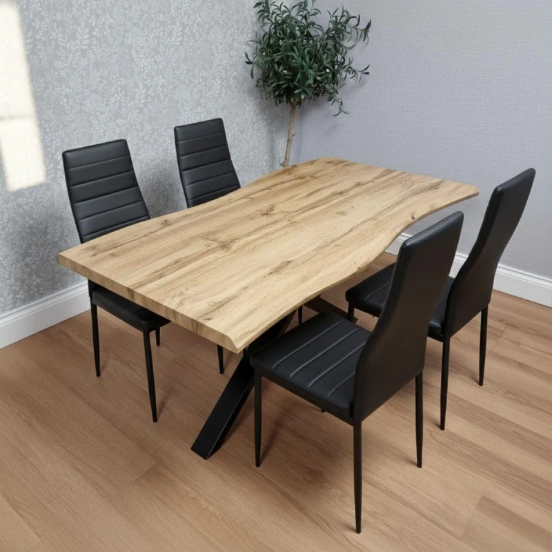 Image of KOSY KOALA Wooden Dining Table with 4 Black Leather Chairs - Dining Kitchen Room Furniture in Brown Brown Unisex