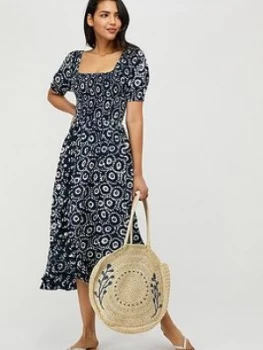 image of Monsoon Esha Hand-Screen Print Dress - Navy