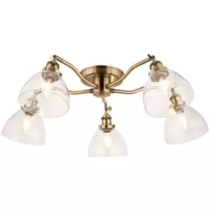 Image of Endon Hansen Multi Arm Glass Semi Flush Ceiling Lamp, Antique Brass Plate, Glass