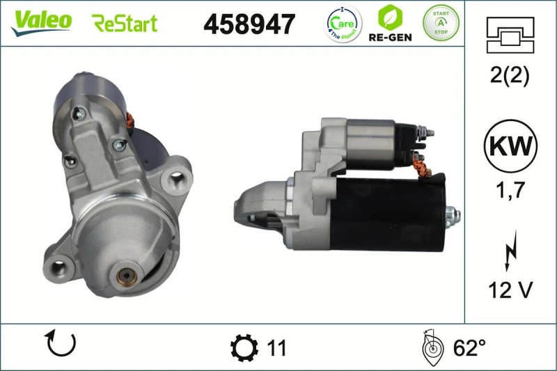 Image of VALEO 458947 Starter motor VALEO RE-GEN REMANUFACTURED STOP&START 1,7kW, 12V, Number of Teeth: 11 Starter (2)