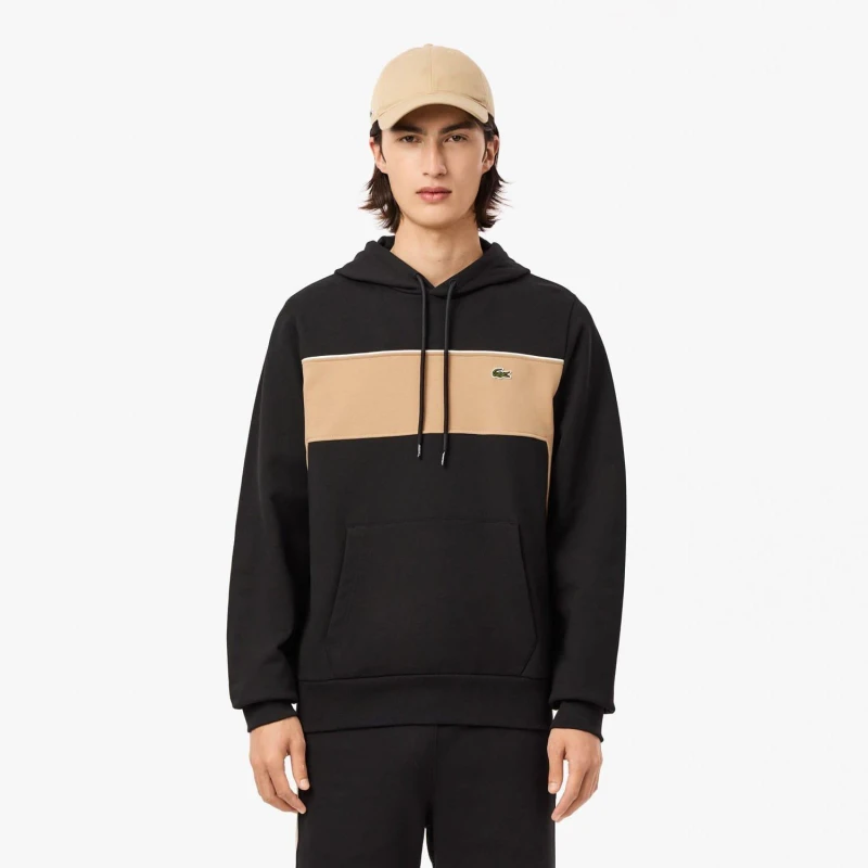Image of Lacoste Colour-Block Fleece Hoodie Black male XS