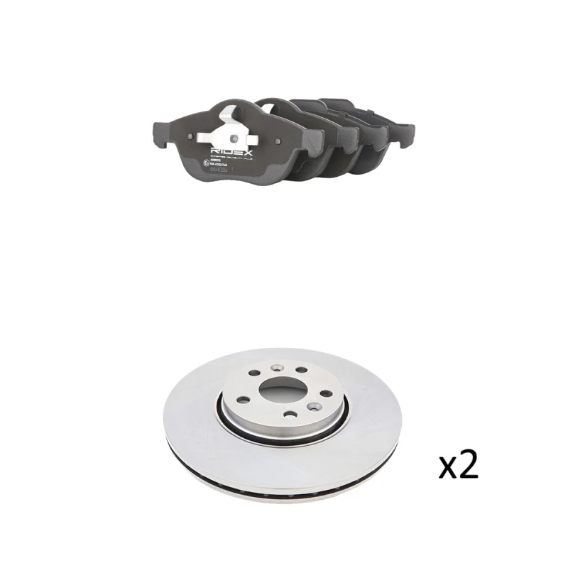 Image of RIDEX 3405B3110 Brake disc and pads set Front Axle, Brake Disc Type: internally vented, not prepared for wear warning indicator Brake Set,disc brakes