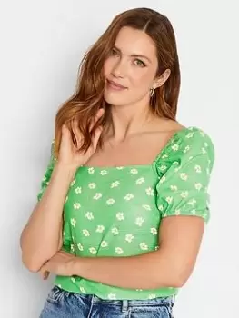 image of Long Tall Sally Flower Print Linen Top - Green, Size 16, Women