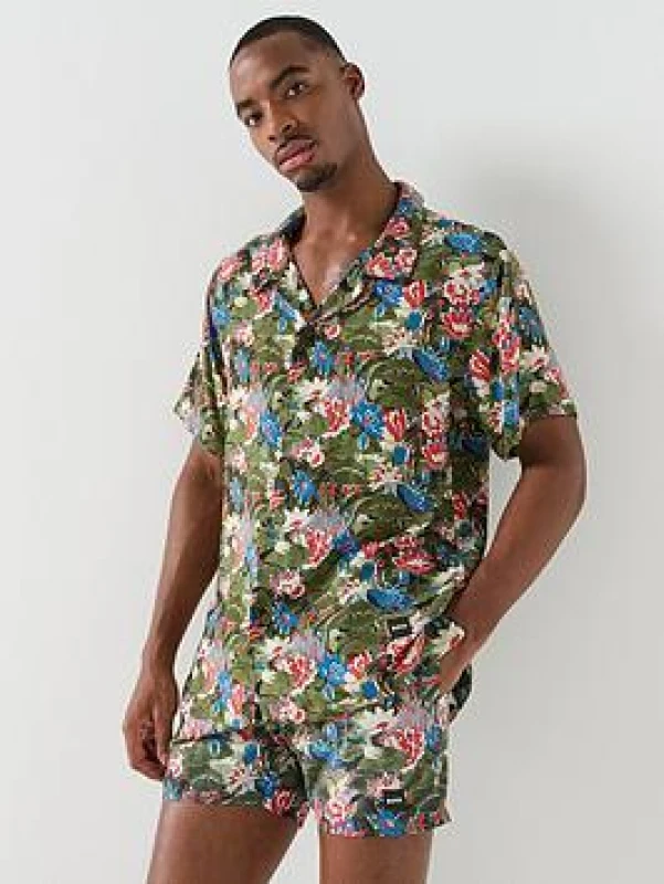 Image of Boss Mens BOSS Bodywear Beach Patterned Short Sleeve Shirt Patterned Shirt - Short Sleeve S Green 55213015350