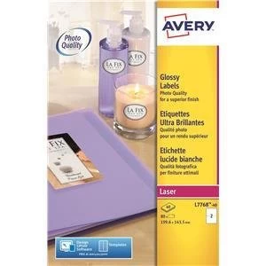 image of Original Avery L7768 40 White Glossy Colour Laser Labels Pack of 80