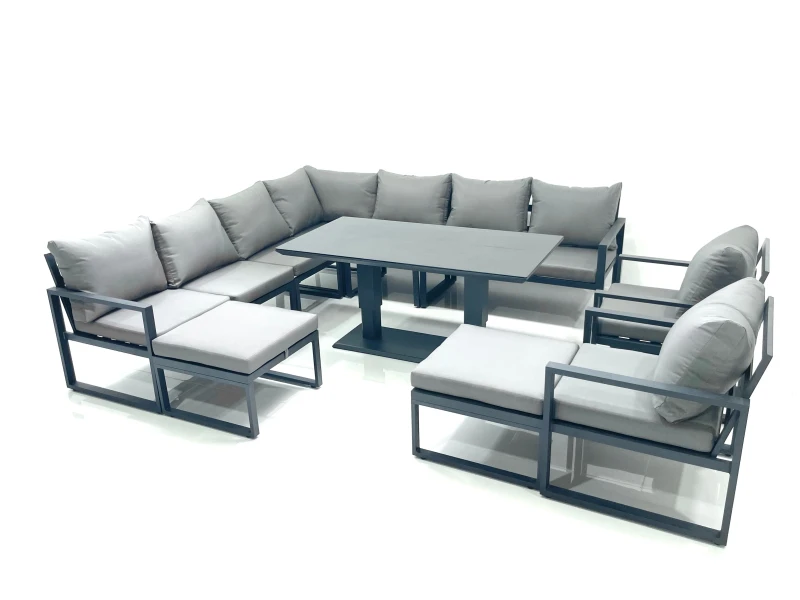 Image of Fimous 11 Seater Outdoor Aluminum Garden Furniture Set Corner Sofa 2 Chair 2 Big Footstools Adjustable Rising Lifting Dining Table Sets Dark Grey Dark