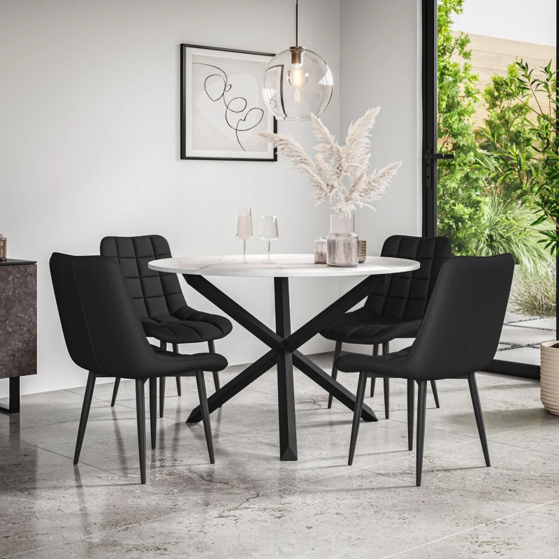 Image of More4Homes Malvern Round Dining Table And Chairs - Marble Table Top W Solid Black Oak Legs + Nova Faux Leather Dining Chair Set Of 4 (Black)