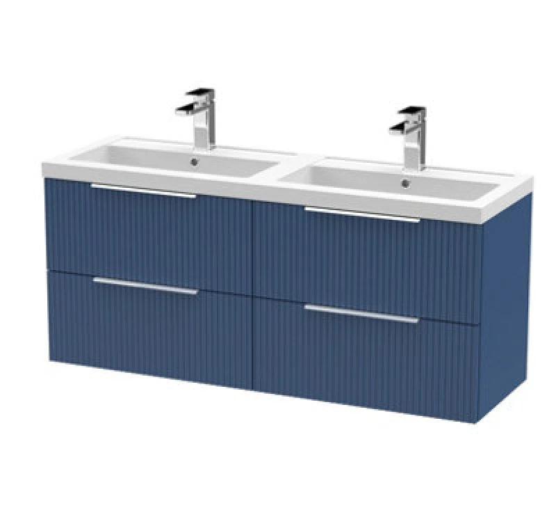 Image of Hudson Reed Fluted Wall Hung 4-Drawer Vanity And Double Polymarble Basin, Premium Sink Vanity Unit, Satin Bluemm