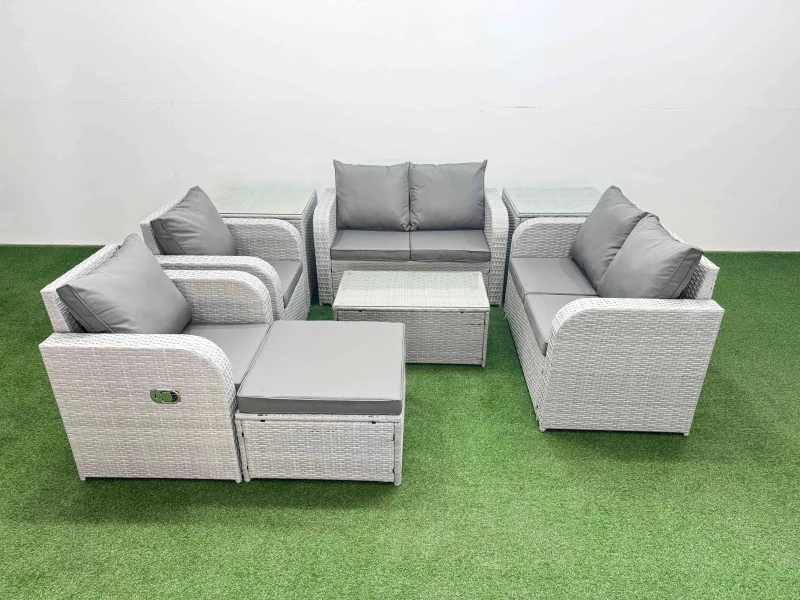 Image of Fimous 7 Seater Outdoor Reclining Chair Love Sofa Set Rattan Garden Furniture Set with Rectangular Coffee Table Footstool 2 Side Tables Light Grey Lig