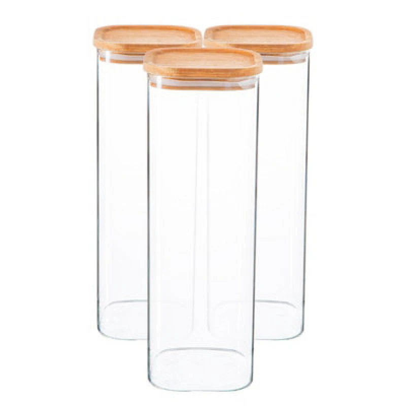 Image of Argon Tableware Square Glass Storage Jars with Wooden Lids 2.2 Litre Pack of 3 Clear