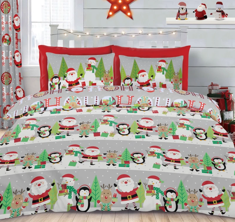 Image of Velosso Xmas Ho Ho Cotton Rich Printed Duvet Cover & Pillowcase Set in Red Size: Single Red Unisex Single