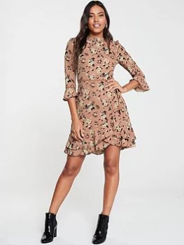 Image of Oasis Rose Print Skater Dress - Tan, Size 8, Women