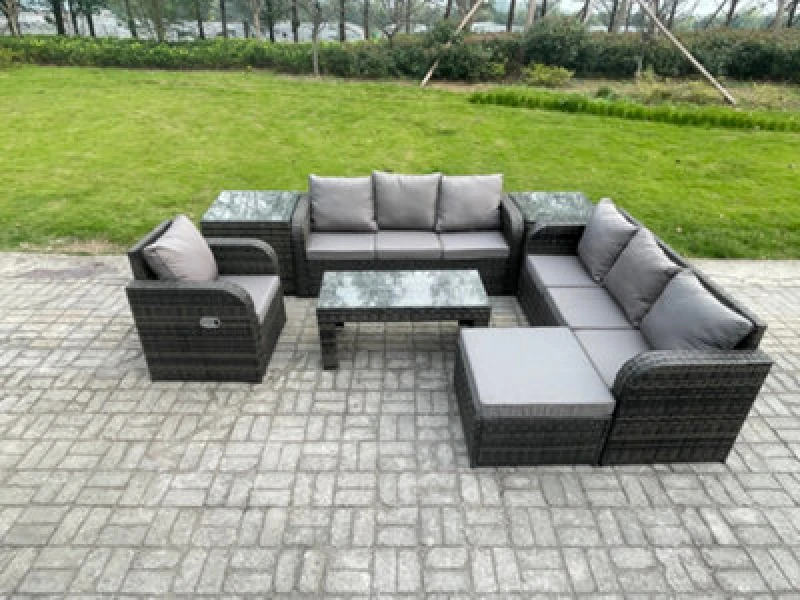 Image of Fimous 8 Seater Outdoor Lounge Sofa Set Rattan Garden Furniture Set with Rectangular Coffee Table Big Footstool 3 Seater Sofa 2 Side Tables Dark Grey