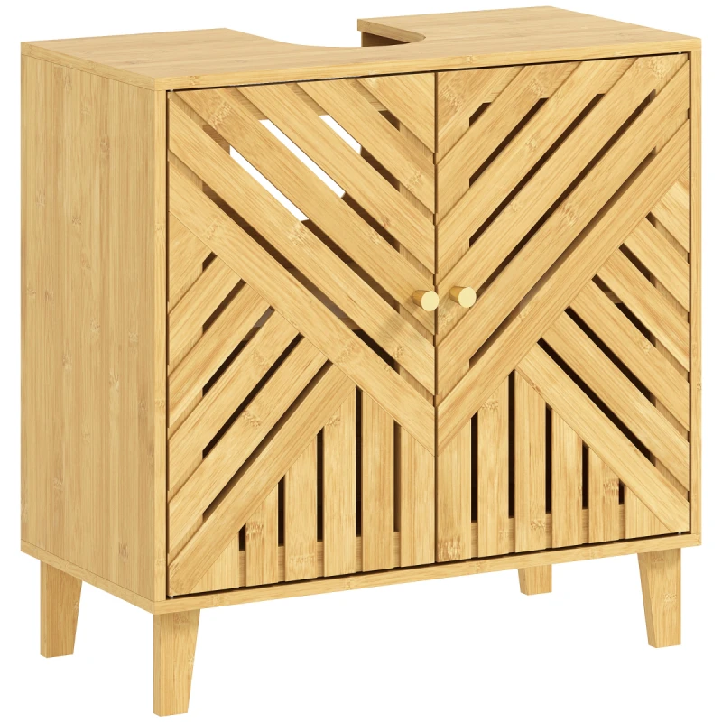 Image of HOMCOM Bamboo Bathroom Under Sink Cabinet with Adjustable Shelf, Natural, Yellow 834-876V00ND