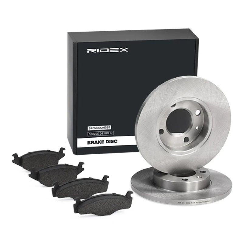 Image of RIDEX 3405B0025 Brake disc and pads set Front Axle, Brake Disc Type: Solid, excl. wear warning contact Brake Set,disc brakes (3405)