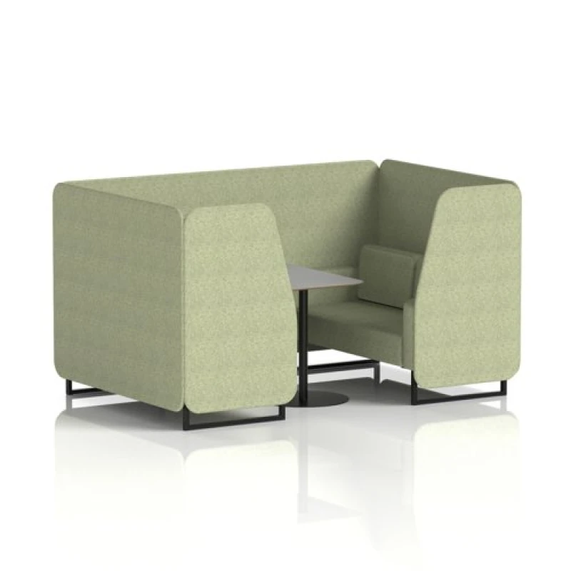 Image of Brixworth 4 Seater Office Booth with Front Panel - Black Legs and Grey Table with Black Leg in Rivet Fabric - Burnish Panels and Sofa