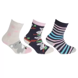 image of FLOSO Childrens Girls Cotton Rich Gripper Socks (3 Pairs) (6-8.5 Child UK) (Navy/Beige/Pink)