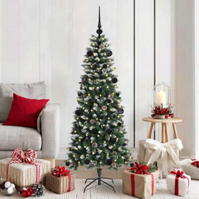 Image of vidaXL Artificial Christmas Tree with 150 LEDs, Black Balls Green 66 x 66 x 150 cm, Green 3395809