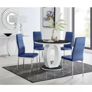 Image of Furniturebox UK - Furniturebox Giovani Black 100cm Round Dining Table and 4 Navy Velvet Milan Dining Chairs With Silver Legss