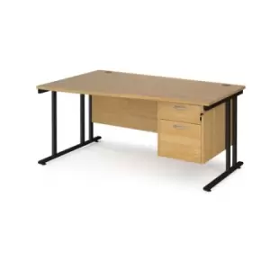 Image of Office Desk Left Hand Wave Desk 1600mm With Pedestal Oak Top With Black Frame Maestro 25 MC16WLP2KO