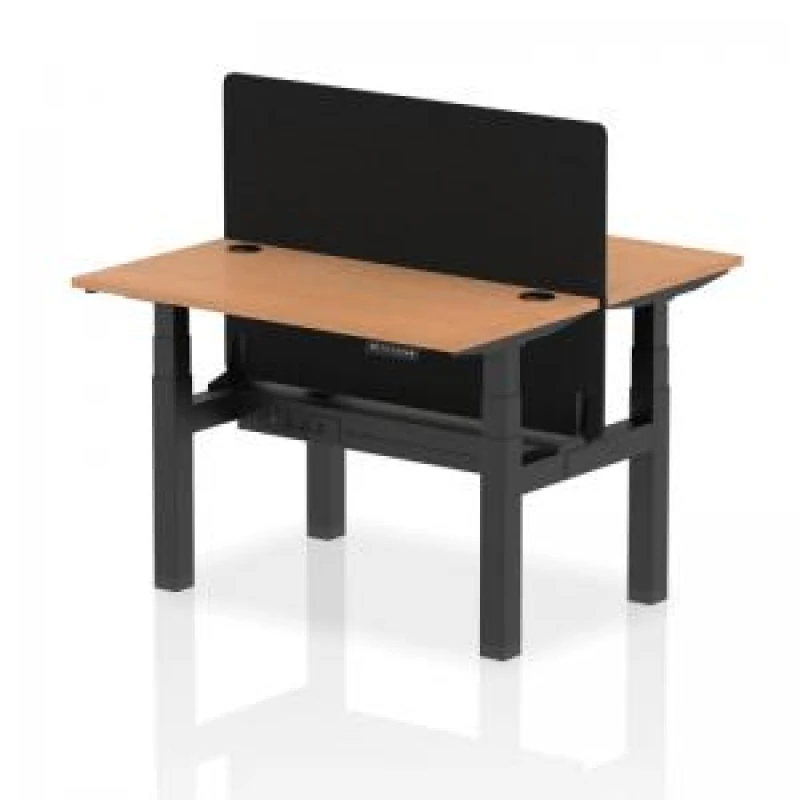 Image of Air Back - to - Back 1200 x 600mm Height Adjustable 2 Person Bench Office Desk Oak Top - Cable Ports Black Frame - Black Straight Screen