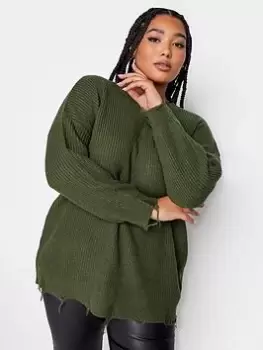 Image of Yours Fashion Distressed Jumper Khaki, Green, Size 14-16, Women