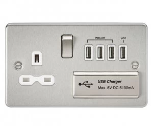 Image of Flat plate 13A switched socket with quad USB charger - brushed chrome with white insert
