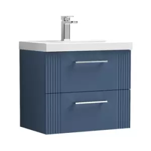 Image of Nuie Deco Satin Blue 600mm Wall Hung 2 Drawer Vanity Unit with 50mm Profile Basin - DPF393D - Satin Blue