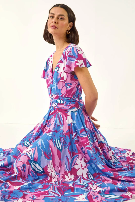 Image of Roman Womens Abstract Floral Ruched Midi Dress Size: 18 Multicolor Female 18