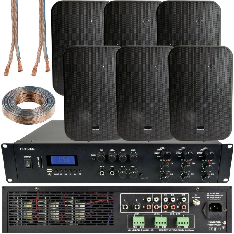 Image of Loops 1200W Bluetooth Sound System 6x 200W Black Wall Speaker 6 Zone Matrix Amplifier Black unisex