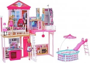 image of Complete Barbie Home Set with 3 Dolls and Pool