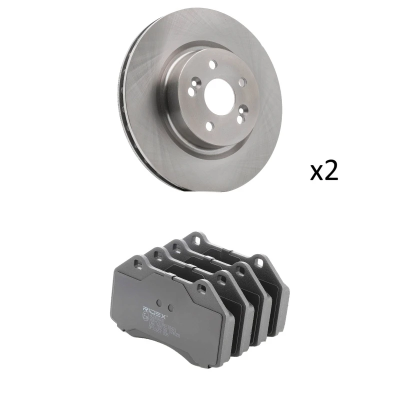 Image of RIDEX 3405B2882 Brake disc and pads set Front Axle, Brake Disc Type: Vented, excl. wear warning contact Brake Set,disc brakes (3405)