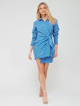 Image of Tommy Hilfiger Cotton Stripe Short Wrap Shirt Dress - Blue Size 36, Women